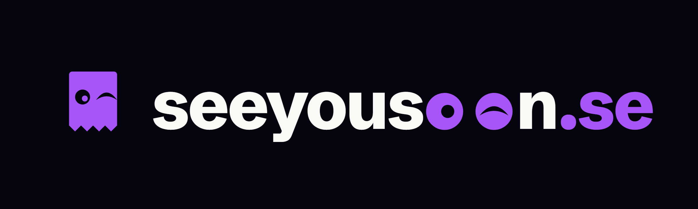 SeeYouSoons logotyp på mörk botten: ett kvittomärke med ett öppet öga och ett som blinkar, följt av ordmärket seeyousoon.se.